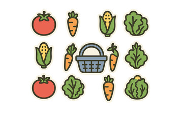 Fresh farm vegetables and blue harvest basket arranged on white background