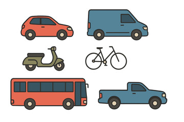 Diverse set of common city transportation vehicles and modes of travel