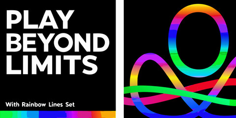 Play beyond limits motivational text with colorful abstract rainbow lines and gradients on black background