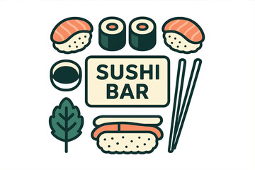 Set of Japanese sushi icons featuring nigiri, maki rolls, soy sauce, chopsticks, and restaurant sign © icon_art
