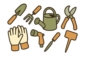 Collection of essential gardening tools including gloves, watering can, trowel, and shears
