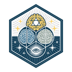 Fototapeta premium A hexagonal emblem with brains, stars, and an eye.