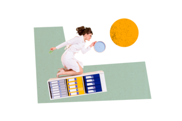 Composite collage picture image of funny young girl doctor ride shelf hospital concept weird freak bizarre unusual fantasy