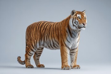 Obraz premium Powerful and majestic wild tiger standing in a realistic, detailed portrait against a clean, minimalist studio background