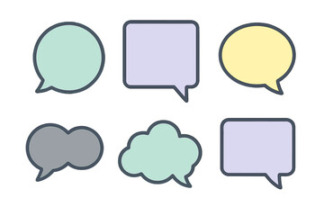 Collection of six colorful speech bubbles and thought clouds in various shapes for conversation and messaging