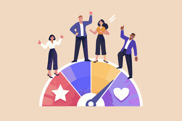 Diverse group of happy people standing on a colorful satisfaction meter with icons representing success and love
