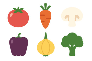 Set of six fresh vegetables and fungi including tomato carrot mushroom and onion