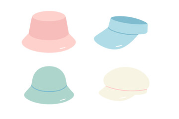 Pastel summer headwear collection featuring bucket hats, sun visor, and a cream colored cap