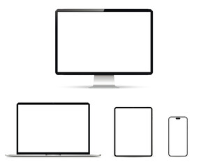 Set of smart devices with blank screen isolated on white background