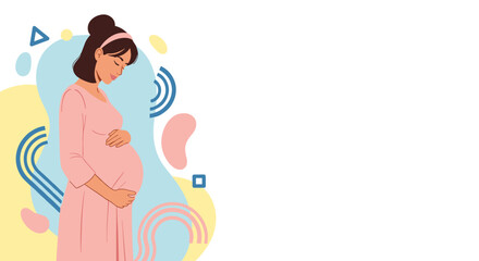 Obraz premium A serene pregnant woman cradles her growing baby bump with tenderness, depicted in a modern, soft illustration featuring abstract organic shapes.