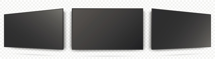 Realistic television screen mockup set isolated on transparency grid layer