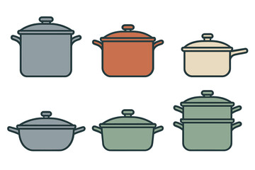 Colorful kitchen cooking pots and saucepans with lids for preparing meals