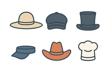 Collection of six headwear icons including sun hat, top hat, cowboy hat, chef hat, visor, and cap