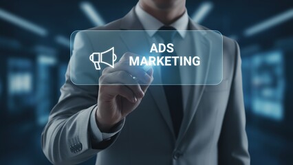 Businessman hands using stylus pointing on holographic ads marketing text panel with megaphone icon in sleek office, marketing strategy, ad performance