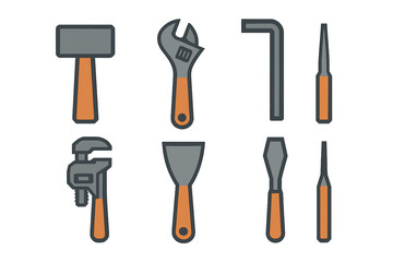 Construction and repair hand tools set including hammer, wrenches, chisel, and scraper