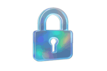 3D render of a holographic glass padlock symbolizing digital security and data protection