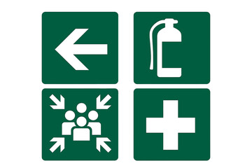 Fototapeta premium Universal set of emergency and safety symbols including first aid, fire equipment, evacuation, and directional arrow