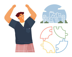 Man raising arms in excitement near stylized mall illustration and four colorful puzzle pieces. Ideal for success, teamwork, achievement, problem-solving, retail, optimism, celebration. Simple flat