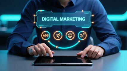 Businessman using tablet with glowing floating digital marketing text and icons, futuristic office, marketing strategy, ad performance