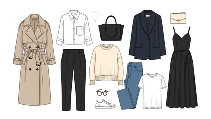 Women's Capsule Wardrobe Essentials Flat Lay Illustration. Fashionable Clothing Collection with Trench Coat, Blazer, Dress, Jeans, and Accessories.