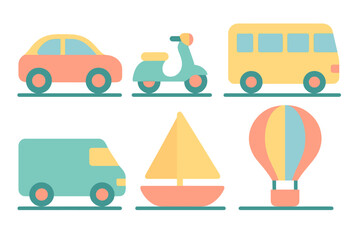 Colorful transportation set featuring car, scooter, bus, van, sailboat, and hot air balloon