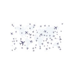 Illustration of many airplanes flying over the world map, travel and tourism