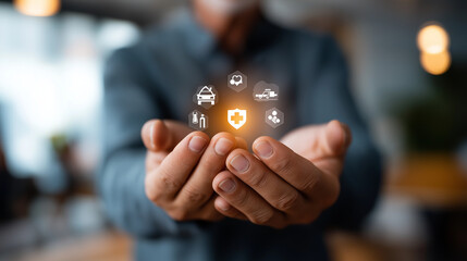 Insurance and assurance concept crop below eyes background softly defocused medical life car home travel coverage comprehensive policy management businessman with virtual