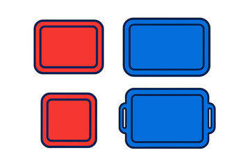 Four graphic rectangular shapes serving trays or buttons in vibrant red and blue colors