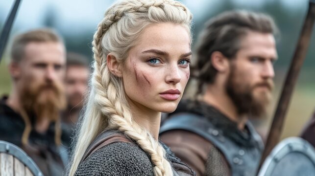 Valkyrie Warrior: A portrait of a warrior woman with braided hair, battle scars, and a determined gaze amidst a gathering of warriors, embodying strength and resilience.