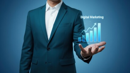 Professional man showing glowing 3d bar chart with rising columns and digital marketing text on soft blue background marketing strategy, ad performance