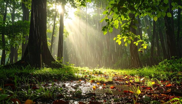 A sun-dappled woodland scene showing sunbeams through rain. Trees and foliage dominate, with a path leading into the forest