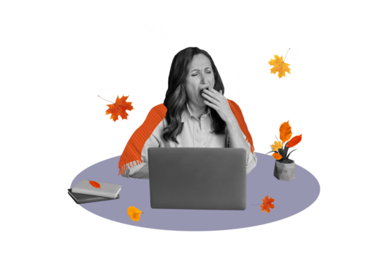 Composite photo collage of lazy old businesswoman sit table laptop supplies autumn sleep dry foliage isolated on painted background