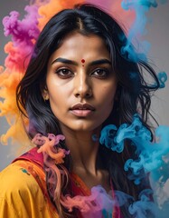 Portrait of a woman with colorful smoke