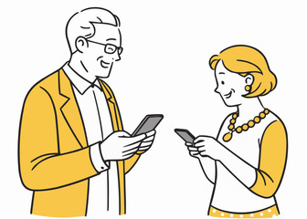 Vector illustration of smiling senior man and woman holding smartphones, modern flat design with limited black, white, and yellow color palette.
