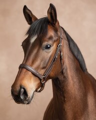 Fototapeta premium Beautiful brown horse portrait with elegant bridle and white marking