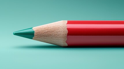 Close-Up of a Red and Green Colored Pencil on a Light Teal Background with Shavings