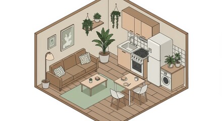 Fototapeta premium Cozy isometric apartment interior featuring living area and kitchen.