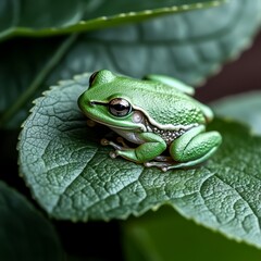 Close-Up of a Vibrant Green Frog Resting on a Leaf Surrounded by Lush Greenery