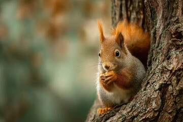 Squirrel Enjoying a Nut in a Tree, Forest Wildlife Close-Up