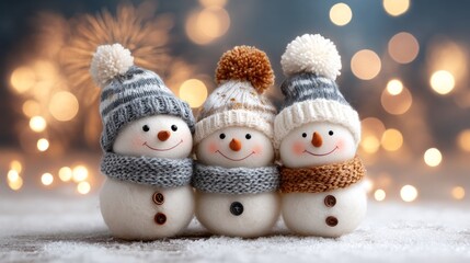 Snowmen with cheerful expressions gather together under a starry sky, watching vibrant fireworks explode. Snowflakes fall gently, creating a magical winter scene filled with joy