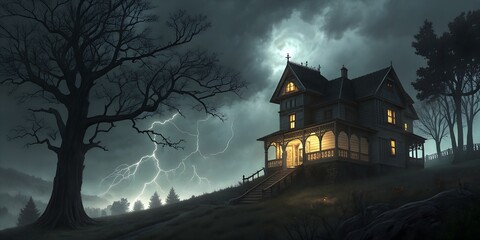 Spooky haunted house during stormy night with lightning strikes