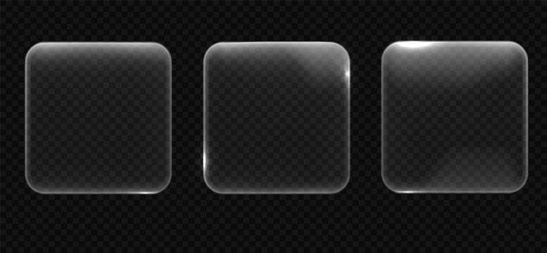 Glass buttons glowing frames. Transparent vector interface futuristic elements