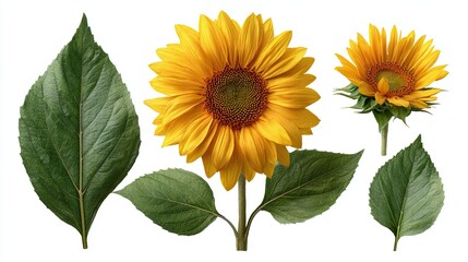 Naklejka premium Yellow sunflower flower with leaves collection isolated on white background.