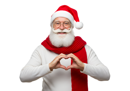 Santa Claus making a heart shape with his hands, celebrating Christmas season