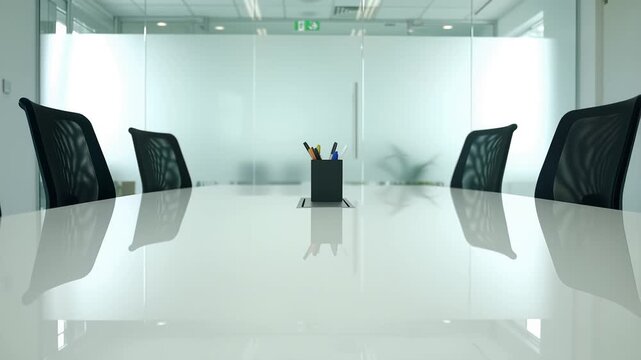 Tracking Forward Along Glossy White Conference Table in Empty Executive Boardroom with Modern Office Chairs and Frosted Glass Walls Video Footage