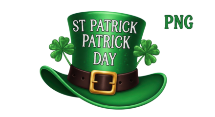 Detailed green leprechaun top hat with shamrocks and "ST PATRICK PATRICK DAY" text isolated PNG with Transparent Background