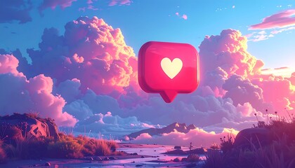 A stylized, vibrant illustration showcasing a floating social media "like" icon amidst a pastel-colored skyscape and serene landscape