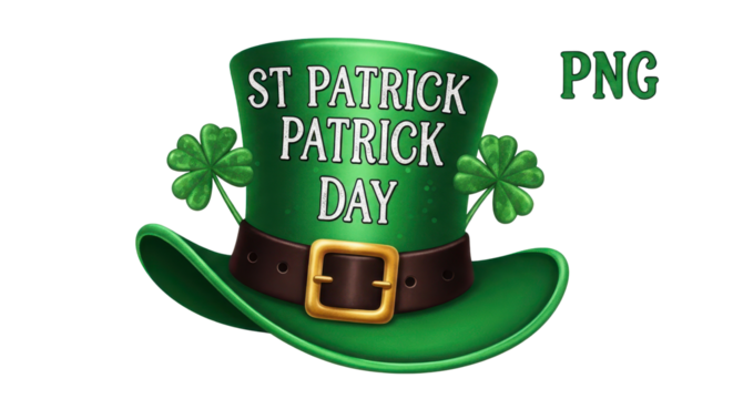 Detailed green leprechaun top hat with shamrocks and "ST PATRICK PATRICK DAY" text isolated PNG with Transparent Background