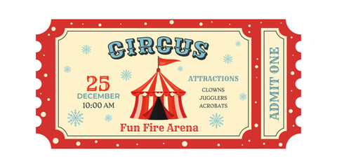 Vintage flat vector illustration of a circus ticket for a Christmas show. Retro design with circus tent, snowflakes, and festive colors. Perfect for posters, invitations, and holiday promotions.