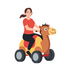 Woman Riding Camel Toy on Wheels. Flat vector illustration isolated on white background